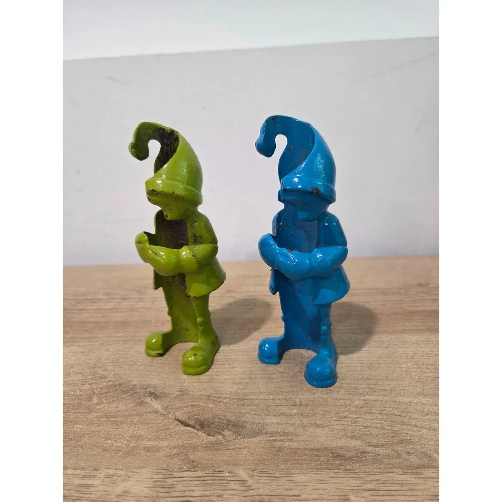 Pair of CB2 Cast Iron Holiday Elf Gnome Taper Candle Holders Blue Green 5.25''